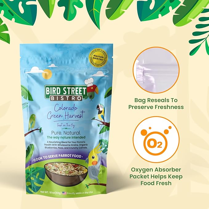 Parrot Food - Parakeet & Cockatiel Food - Cooks in 3-15 min w/Natural & Organic Grains, Legumes, Non-GMO Fruits, Vegetables & Healthy Spices