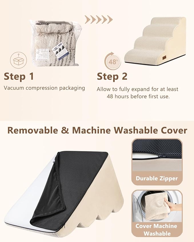 Dog Stairs Ramp for Bed and Couch,4 Step Dog Steps for Small Dogs,Pet Stairs with Non-Slip Bottom for Old Cats,Indoor Pet Steps,Comfort,Durable,17.4" H,Beige