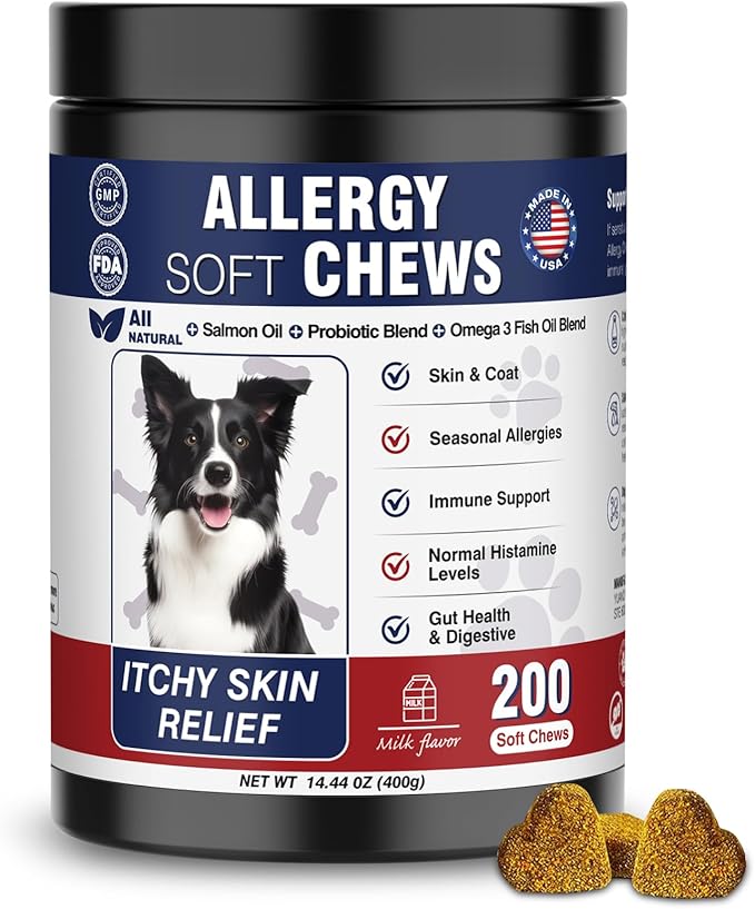 Dog Allergy Chews 200 Treats, Dog Allergy and Itching Skin Relief Bites Immune Support Dogs Probiotics for Yeast, Itchy Skin and Itchy Ears Anti Itch Licking Paws Treatment for Dogs Seasonal Allergies
