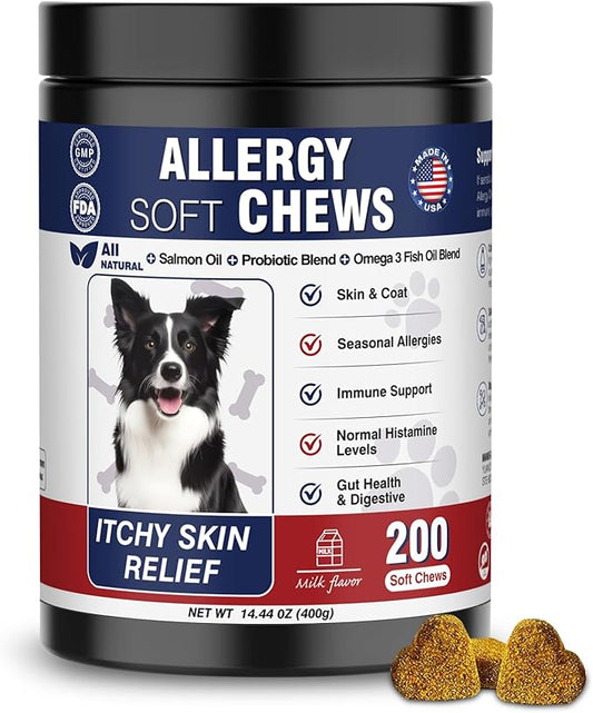 Dog Allergy Chews 200 Treats, Dog Allergy and Itching Skin Relief Bites Immune Support Dogs Probiotics for Yeast, Itchy Skin and Itchy Ears Anti Itch Licking Paws Treatment for Dogs Seasonal Allergies