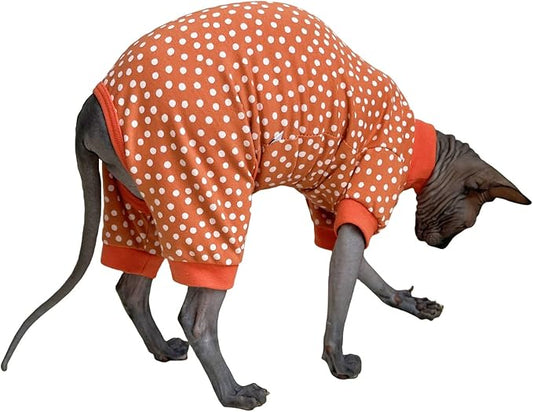 Sphynx Cat Four Leg Cotton Pajamas Elastic Pet Clothes for Hairless Cats Surgery Recovery Suit Undershirt Thermal Clothes for Sphynx, Devon, Cornish (White Dots, XL)