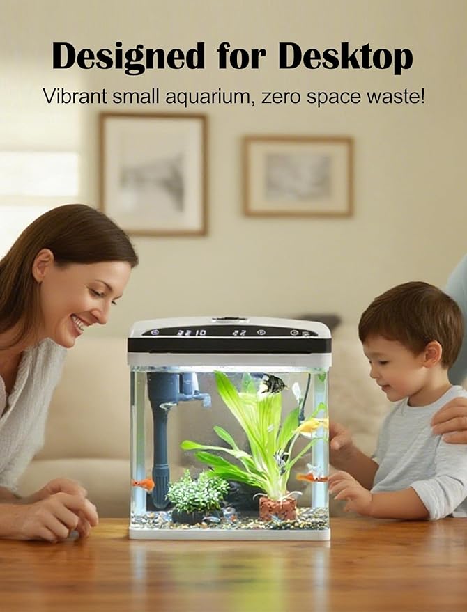 3 Gallon Fish Tank, Small Smart Aquarium with Filter, LED Light, Temperature Display for Betta, Shrimp, Goldfish, Guppies Small Fish with Fish Net