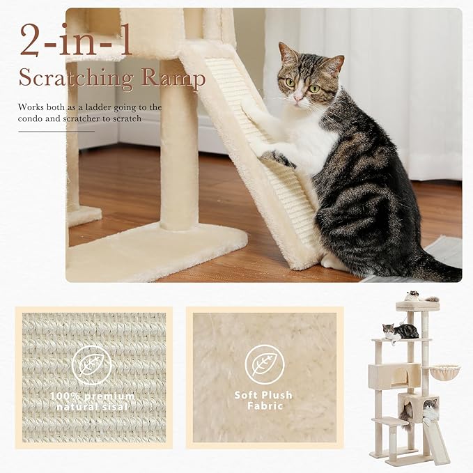 PAWZ Road Cat Tree, 60 Inches Cat Tower with Dual Condos, Spacious Perch, Cozy Basket and Sisal-Covered Scratching Posts for Indoor Cats- Beige