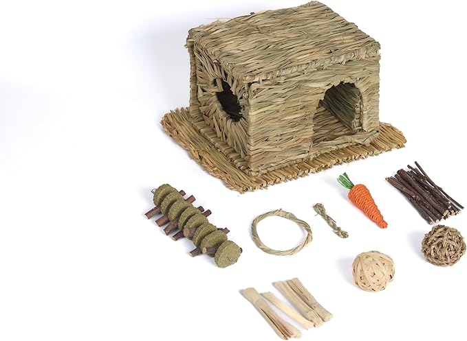 Bunny Grass House, Hand Woven Natural Grass Hideouts for Rabbit, Foldable Hut Play House for Hamster, Guinea Pig, Hamster, Chinchilla and Small Animals to Play with Bunny Chew Toys