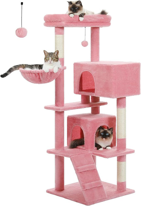 Pink Cat Tree for Large Cats with Super Large Top Perch,56.2" Multi-Level Tower for Indoor Cats with Hammock, Cat Shelves with Scratching Posts and 2 Condos Houses, Pink