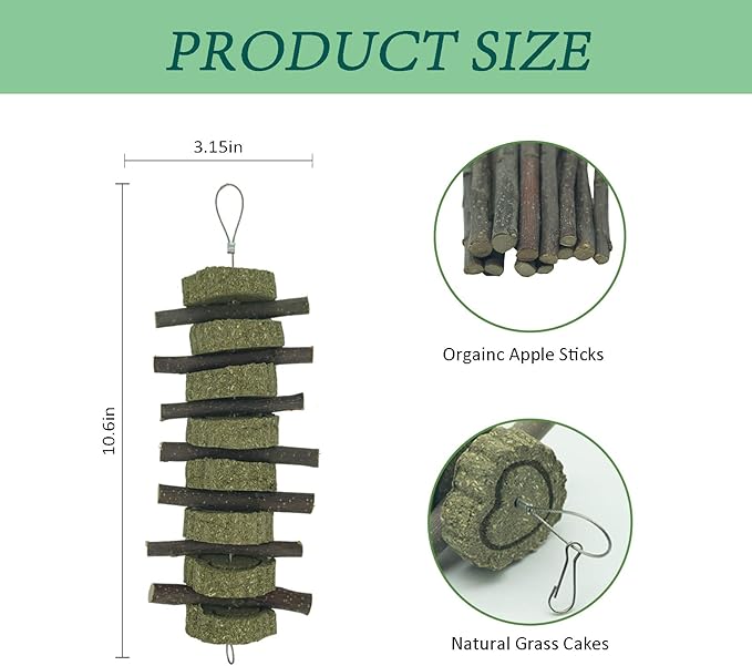 Natural Rabbits Treats Aple Branches pple Sticks with Timothy Hay Balls Grass Cake Hanging Chew Toys for Hamsters,Bunny, Chinchilla,Guinea Pigs