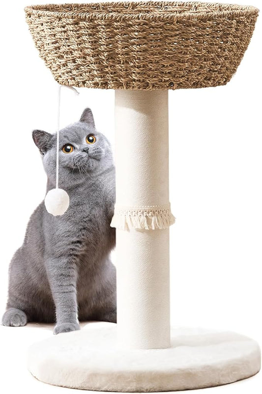 Cat Tree Tower, Natural Material Cat Condo with Handwoven Nest Basket Bed, Cotton Scratching Post, Funny Hanging Toy Ball, 2 Sides Cushion Top Perch, Seagrass