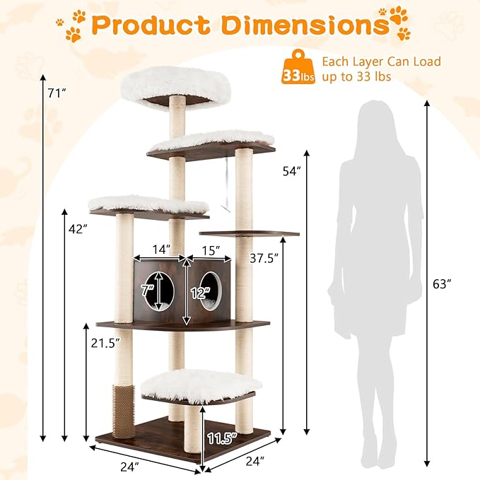 Tangkula Tall Cat Tree, 71-Inch Cat Tower with Multi-Layer Platform, Modern Wood Cat Tree with Sisal Scratching Posts, Self Groomer, Cat Condo, Washable Cushions for Large Cats 20 lbs Heavy Duty