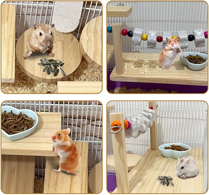 7 Pcs Chinchilla Ledges Wood Sets, Hamster Wooden Stand Platform with Lava Ledge Blocks Chew Toys Small Animal Cage Accessories for Rat Gerbil Guinea Pig Parrot Chipmunk Squirrel Mouse