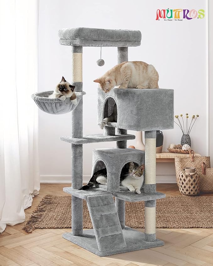 Cat Tree for Large Cats Adult with Super Large Top Perch, 56.3'' Cat Tower with Plush Hammock, Cat Shelves and Dangling Pompom, Cat Scratching Posts and 2 Condos Houses, Grey (AMT0111GY-A)