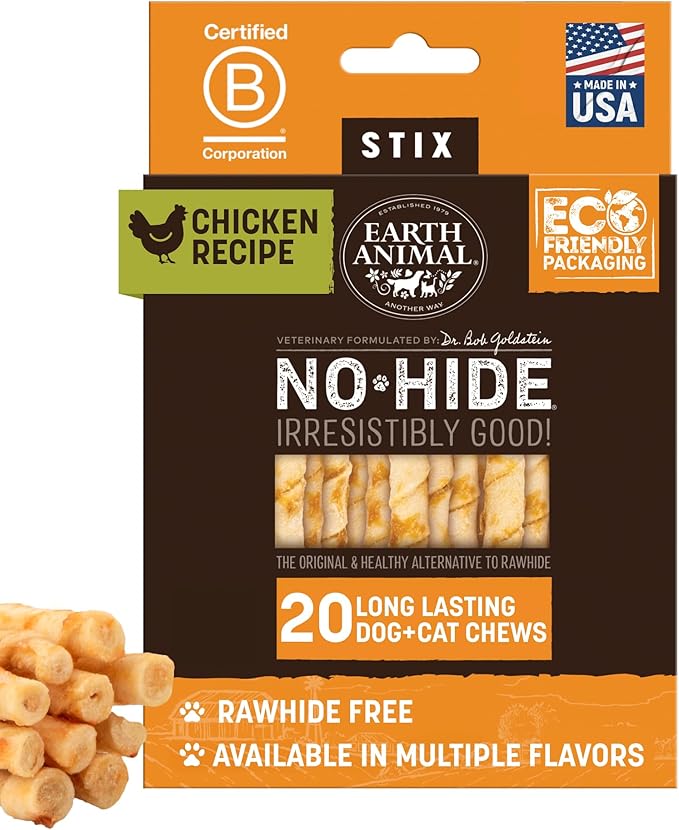Earth Animal No-Hide Stix Chicken Recipe Natural Rawhide Alternative Dog & Cat Chews - 20 Count Value Pack