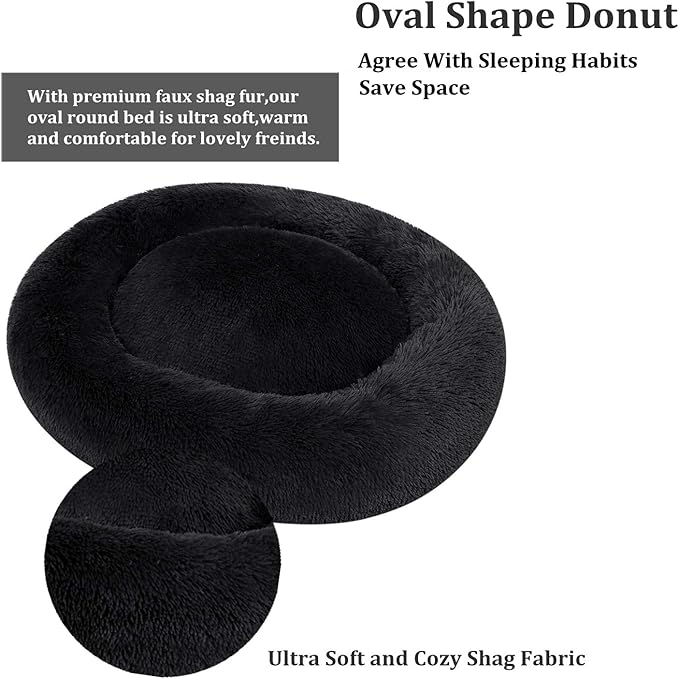 Coohom Oval Calming Donut Cuddler Dog Bed,Shag Faux Fur Cat Bed Washable Round Pillow Pet Bed(30"/36"/43") for Small Medium Dogs (XL(36"x27"x7"), Dark Grey)