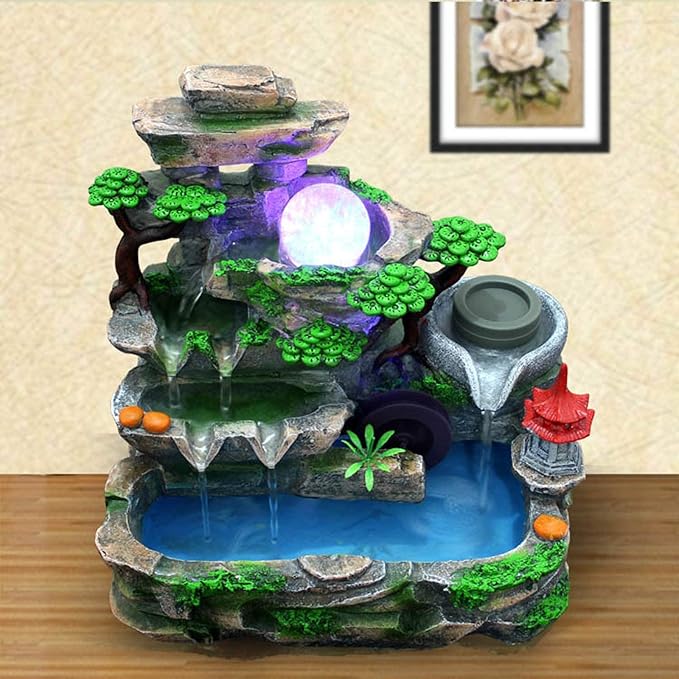Tabletop Waterfall Fountain with Rockery, Mini Silent Indoor Ornament Desk Calming Water Fountain Desktop Simulation Resin with Atomizer LED Light for Office Bedroom Home Table Decor Multi-Layer