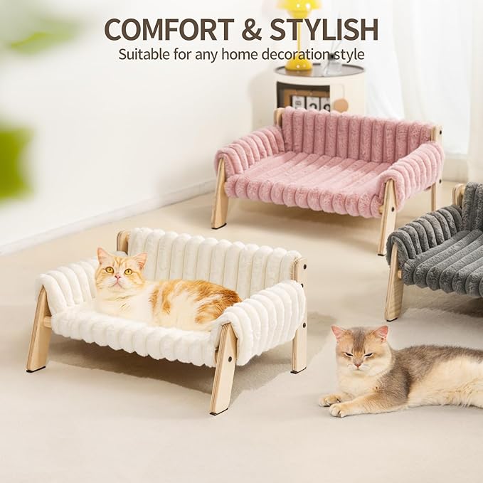 MEWOOFUN Cat Couch Bed, Pet Sofa for Indoor Cats Wooden Indoor Elevated Cat Beds with Removable Mattress Cover Suitable for Kitty, Puppy or Small Animal (Cream, Medium)