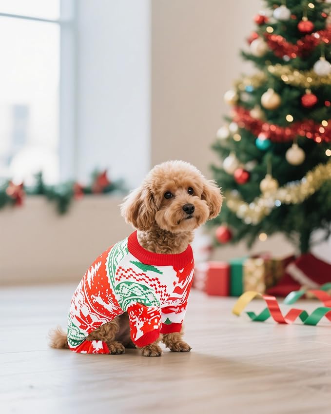 PET SHOW 4 Pack Christmas Small Dog Pajamas Holiday Dog Clothes for Medium Dogs Girl Boy Soft Stretchy PJs Xmas Jumpsuit Puppy Cats Onesies Red Green Outfits with Sleeve Pets Dachshund Costume M