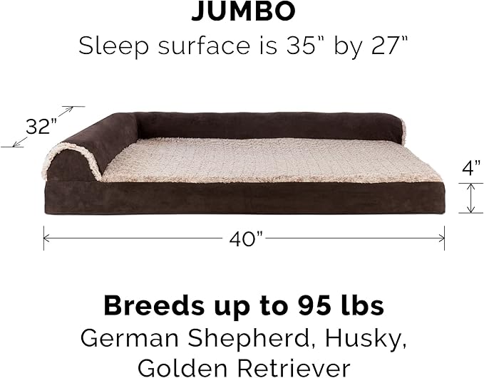 Furhaven Orthopedic Dog Bed for Large Dogs w/ Removable Bolsters & Washable Cover, For Dogs Up to 95 lbs - Two-Tone Plush Faux Fur & Suede L Shaped Chaise - Espresso, Jumbo/XL