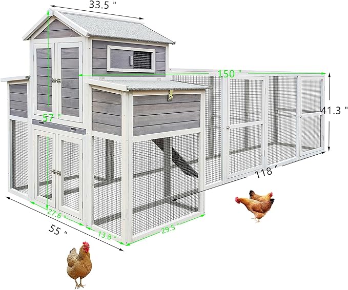 150" Extra Large Chicken Coop – Outdoor Wooden Hen House with Black Rust-Proof Metal Wire, 2 Spacious Nesting Boxes, 5 Perches, Predator-Proof & Durable Chicken Cage for 4-6 Poultry White