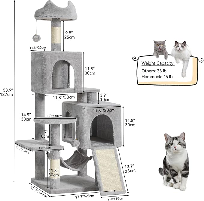 DWVO 54 in Multi-Level Cat Tower: Cats Tree for Indoor Kittens, Pet Furniture with Kitty Condos, Sisal Scratching Posts, Plush Perches, Cozy Hammock, Light Gray