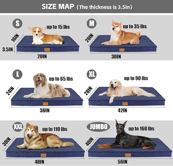 Patas Lague Orthopedic Dog Bed Large Sized Dog 36''X24'',Soft Waterproof Egg Crate Foam Medium Pet Crate Beds Mat with Removable Washable Cover and Non-Slip Bottom, Navy Blue