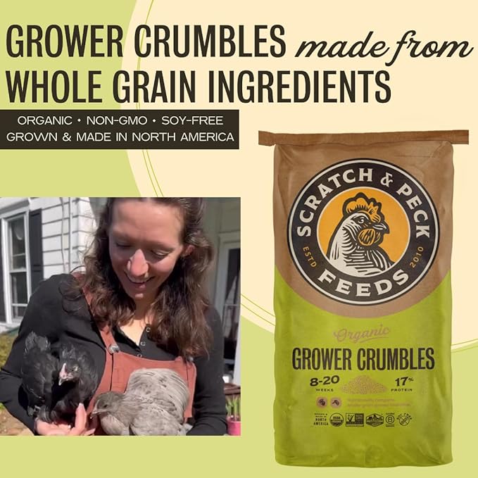 Scratch and Peck Feeds Whole Grain Grower Crumbles Chicken and Duck Feed - 25 lbs Bag - Corn-Free and Soy-Free - 17% Protein, Certified Organic and Non-GMO Project Verified Chicken Food