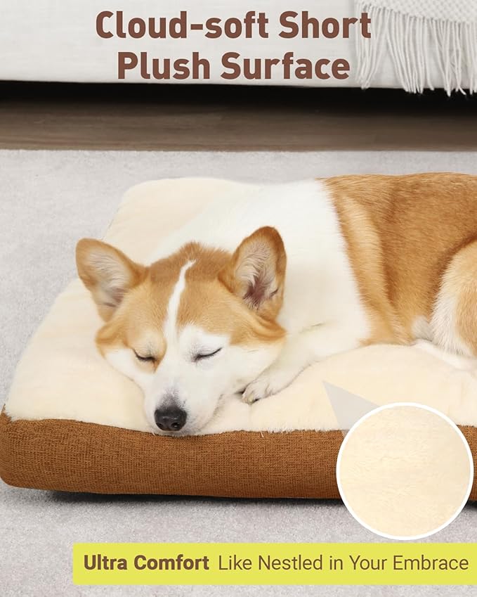 Washable Dog Bed for Large Sized Dog, Crate Bed Plush Pet Kennel Pad with Non-Slip Bottom, Pet Sleeping Mat, 35x23 Inch, Khaki