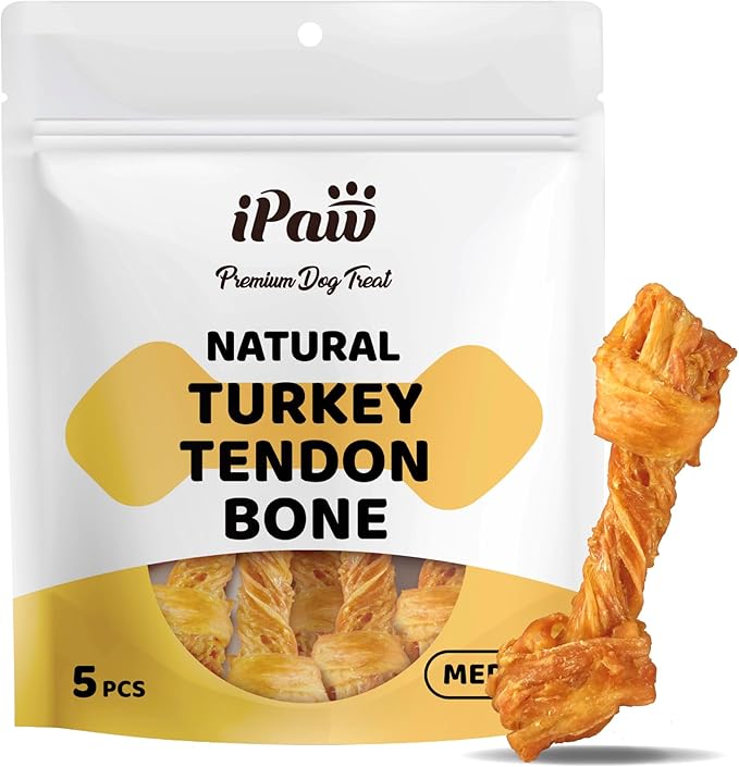 iPaw Turkey Tendon for Dogs 5 Pcs Value Pack, Ingredient Sourced from USA, Hypoallergenic, All Natural Human Grade Puppy Chew, Dog Treats for Signature Series, Rawhide Alternative, Bone (Medium)