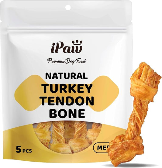 iPaw Turkey Tendon for Dogs 5 Pcs Value Pack, Ingredient Sourced from USA, Hypoallergenic, All Natural Human Grade Puppy Chew, Dog Treats for Signature Series, Rawhide Alternative, Bone (Medium)