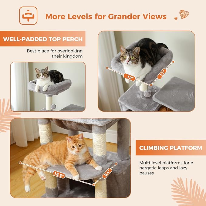 64.5-inch Tall Cat Tree for Indoor Cats, Plush Multi-Level Cat Tower with 7 Scratching Posts, 2 Top Perches, 2 Cozy Condos, Large Metal Frame Hammock & Pompoms, Sturdy Cat Playhouse, Grey