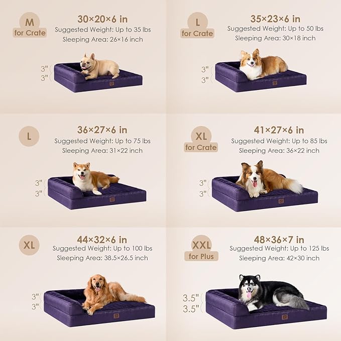 EHEYCIGA Memory Foam Dog Bed Medium Sized Dogs, Waterproof Dog Bed Orthopedic with Washable Removable Cover, Non-Slip Pet Bed Couch for Crate, 30x20x6 Inches, Purple