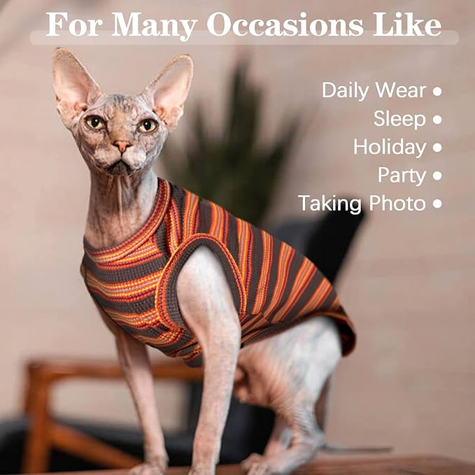 BRKURLEG Sphynx Hairless Cats Shirt Puppy Clothes Soft Cotton T-Shirts Cute Cats Pajamas Cat Stripes Vest Pet Sweater, Round Collar Vest Kitten Shirts(Red Stripes, S)