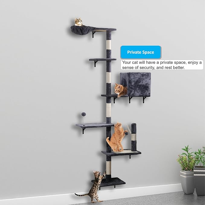 Cat Shelves for Wall,5-Tier Carpet Cat Climbing Tower with Scratching Post,Platforms，Dangling Balls,Condo，Suit for Cats Climb, Jump, Nap, Scratch-Dark