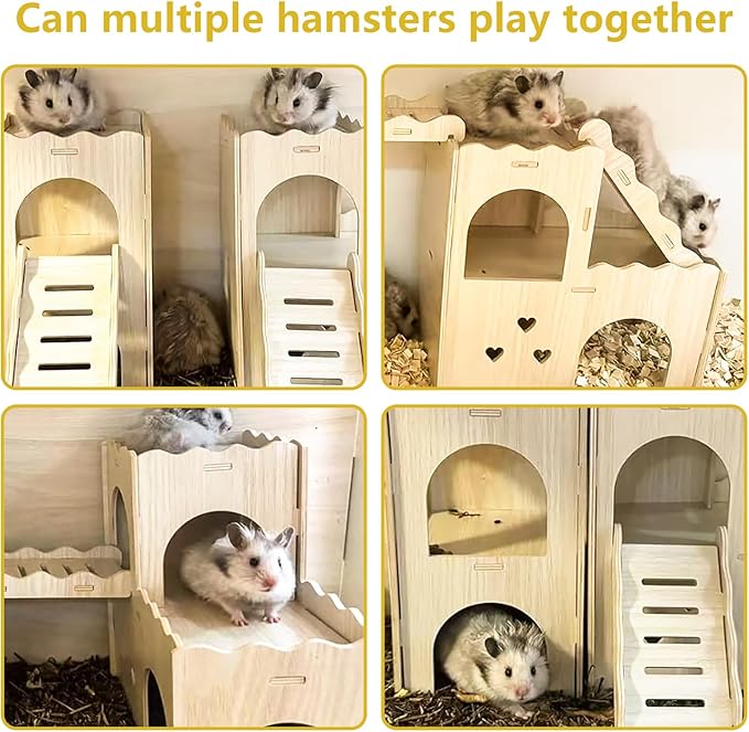 Large Wooden Hamster House Castle with Double Decker,Large Hamster, Wooden Houses,Dwarf Habitat Hideout with Climbing Ladder, Guinea Pig Castle Detachable Hideouts(D)
