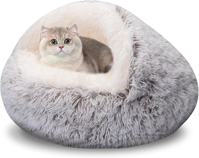 GOSALISU Cat & Small Dog Bed- Cozy Hooded Round Calming Cave Bed, Warm Plush, Anti-Slip, Machine Washable, 20in