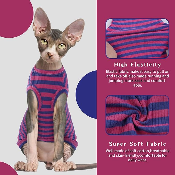 BRKURLEG Sphynx Hairless Cats Shirt Puppy Clothes Soft Cotton T-Shirts Cute Cats Pajamas Cat Stripes Vest Pet Sweater, Round Collar Vest Kitten Shirts(PinkBlue Stripes, XL)