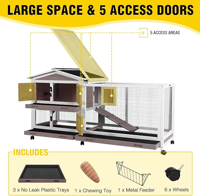 Aivituvin Rabbit Hutch Indoor 2 Story Bunny Cage Outdoor Guinea Pig Cage with Caster Wheels Chicken Coop with Run, 3 Pull Out Tray (Brown&White)