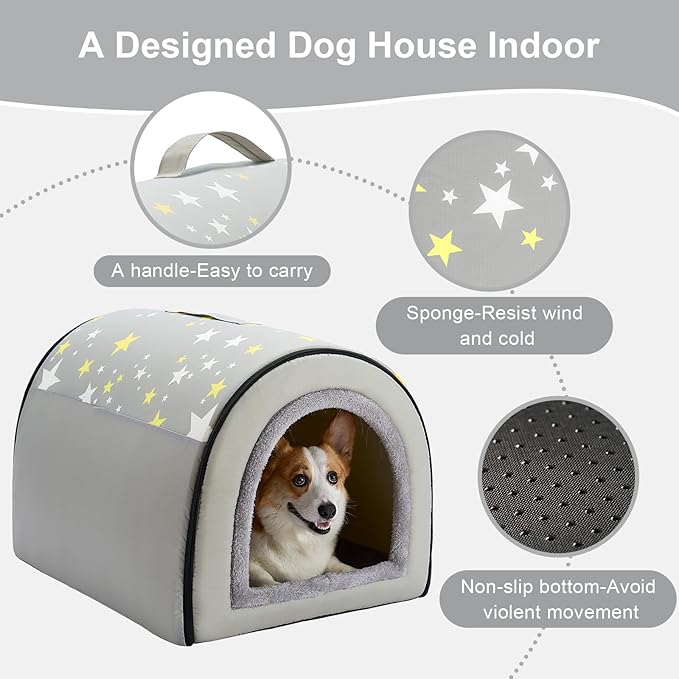 Jiupety Indoor Dog House, 2-in-1 Portable Foldable House Bed with Cover, Pet Tent & Cave Bed for Medium Dogs, XL(28"×21"×19"), Up to 40 Lb, Grey