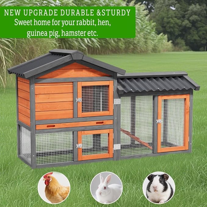 Chicken Run Coop,Wooden Duck Coop Outdoor 2-Tier Hen House All Weather Used Poultry Quail Cage Rabbit Hutch Pet Hideout with Ramp for Small Medium Animals-Expandable Design (Brown)