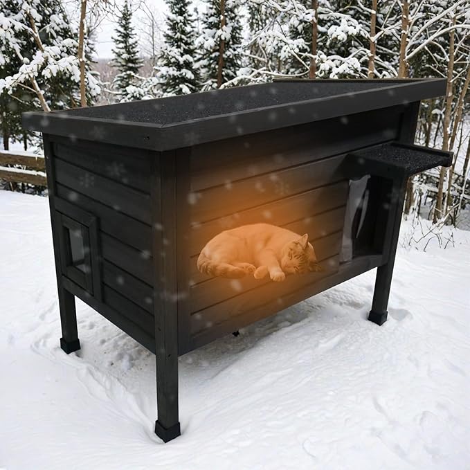 Outdoor Insulated Cat House for Stray Cats Weatherproof Shelter with Openable Asphalt Roof and Escape Door