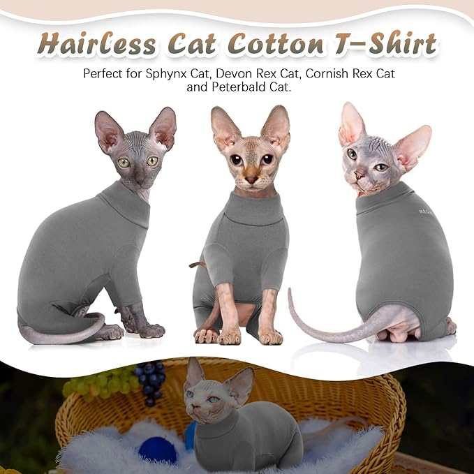 ROZKITCH Hairless Cat Clothes, Breathable Soft Cat Jumpers for Cats Only, Cat Coat with Four Legs, Warm Cat Sweater Cat T-Shirt Cat Pajamas Jumpsuit Vest Cornish Rex, Devon Rex, Peterbald Grey XL