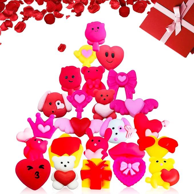 24Pcs Valentines Day Mochi Squishy Toys Squishies for Kids School Class Classroom Valentines Day Cards Gifts Prizes Party Favors