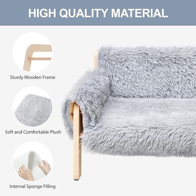 MEWOOFUN Cat Couch Bed, Pet Sofa for Indoor Cats Wooden Indoor Elevated Cat Beds with Removable Mattress Cover Suitable for Kitty, Puppy or Small Animal (Grey, Medium)