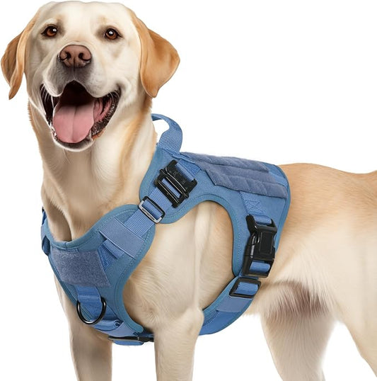 rabbitgoo Tactical Dog Harness Medium Sized, Heavy Duty Pet Harness with Handle, No-Pull Service Vest Medium Breed, Adjustable Military Dog Vest for Training Hunting Walking, Blue, M