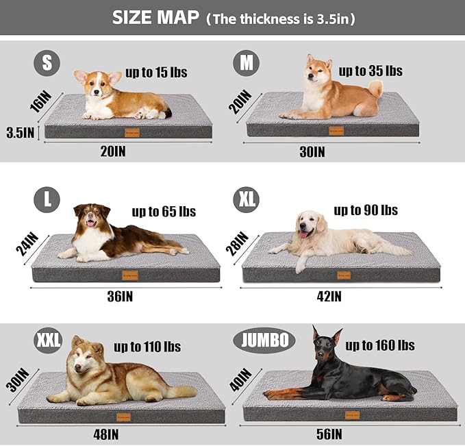 Patas Lague Orthopedic XL Dog Bed Large Sized Dog 42''X28'', Soft Waterproof Egg Crate Foam Large Pet Crate Beds Mat with Removable Washable Cover and Non-Slip Bottom, Light Grey