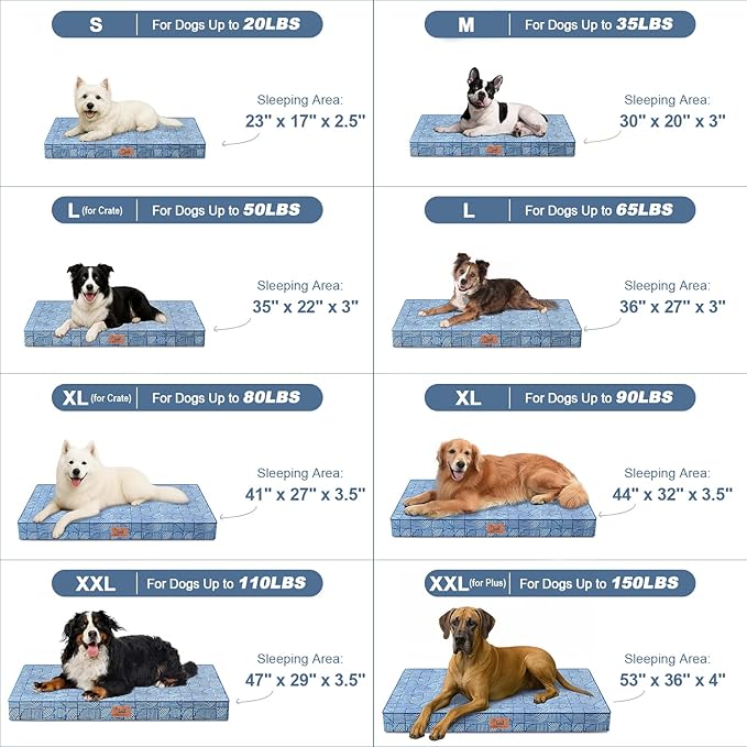 Outdoor Large Dog Bed, Waterproof Dog Bed for Large Size Dogs, Egg Crate Foam Pet Bed with Removable Washable Oxford Cooling Cover, White Blue