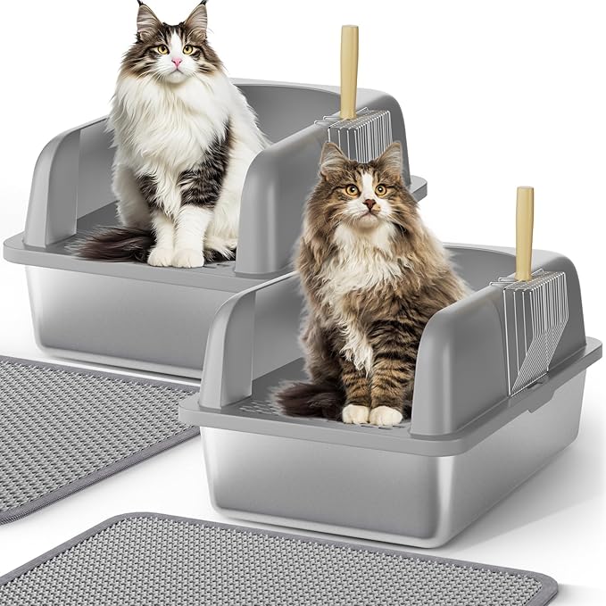 Stainless Steel Cat Litter Box with Lid, Cat Metal Litter Box with High Sides, 24"L x 16"W x 12"H, Extra Large Enclosed Litter Pan, Grey, 2PC (Non-Sticky, Easy to Clean, Anti-Urine Leakage)