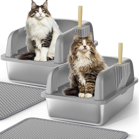 Stainless Steel Cat Litter Box with Lid, Cat Metal Litter Box with High Sides, 24"L x 16"W x 12"H, Extra Large Enclosed Litter Pan, Grey, 2PC (Non-Sticky, Easy to Clean, Anti-Urine Leakage)