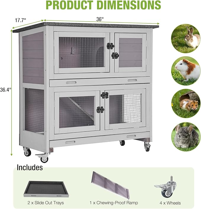 2 Story Rabbit Hutch Indoor Outdoor Rabbit Bunny House Guinea Pig Cage Wooden Pet House for Small Animals with 2 Large Rooms, Chewproof Ramp, Ventilation Door, Removable Trays (Grey)