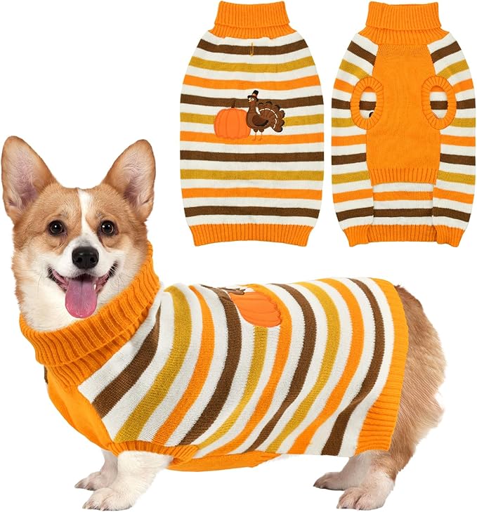 Vehomy Thanksgiving Dog Sweater Pet Pumpkin Turkey Clothes Costume Cat Stripe Turtleneck Knitwear Shirt Pullover Dog Puppy Thanksgiving Clothes for Small Medium Large Dogs Cats XL