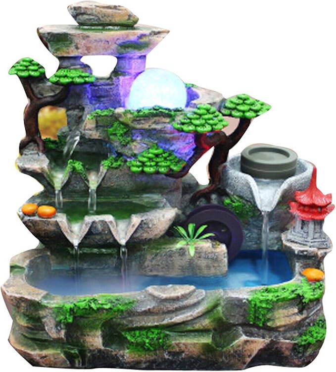 Tabletop Waterfall Fountain with Rockery, Mini Silent Indoor Ornament Desk Calming Water Fountain Desktop Simulation Resin with Atomizer LED Light for Office Bedroom Home Table Decor Multi-Layer