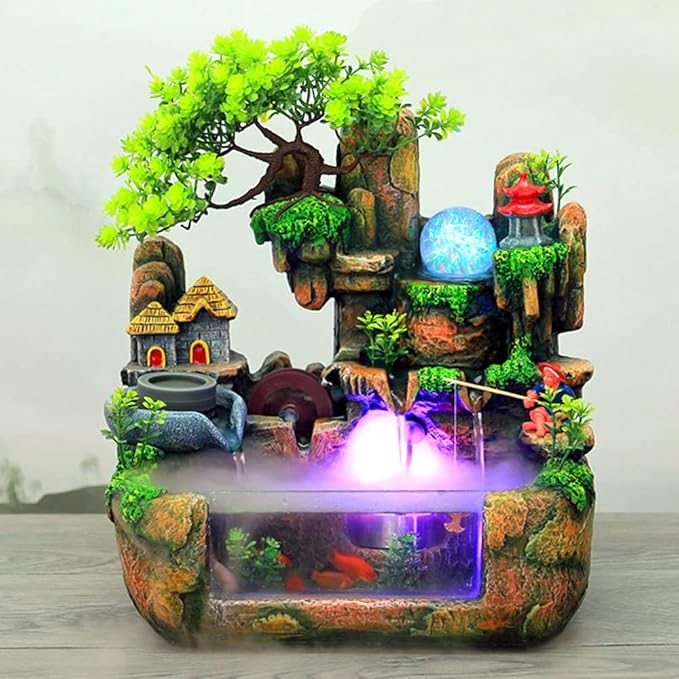 Tabletop Waterfall Fountain with Rockery, Mini Silent Indoor Ornament Desk Water Fountain Desktop Simulation Resin with Atomizer LED Small Fish Tank for Office Bedroom Home Decor Fisherman